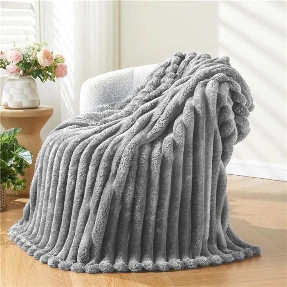 Super Soft Throw Blanket Lavender Ribbed Premium Silky Flannel Fleece 50
